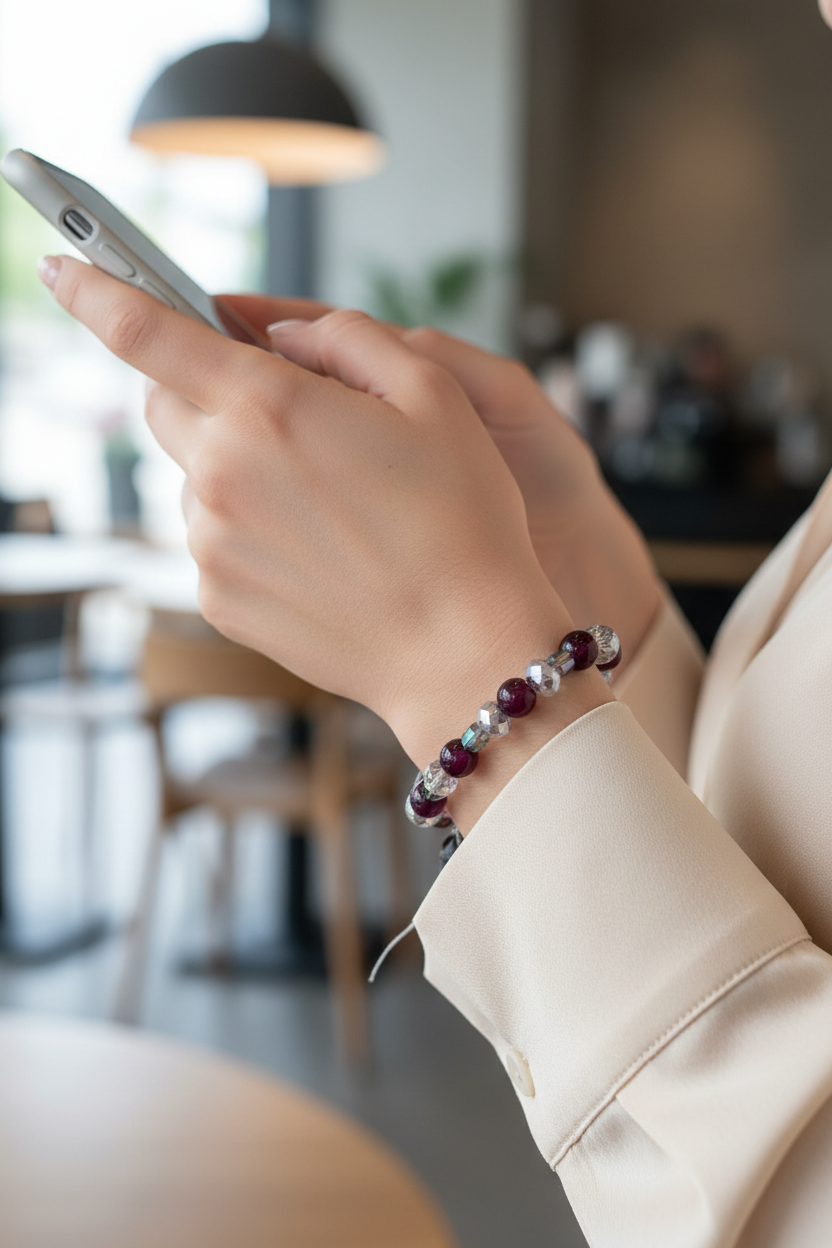 Burgundy & Crystal Beaded Wristlet – Lifestyle Shot