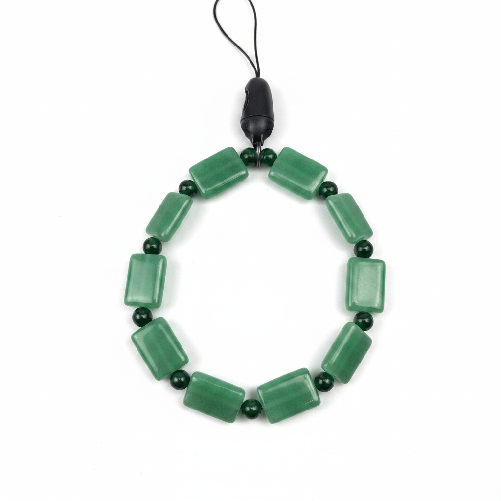 Jade green beaded phone wristlet on white background