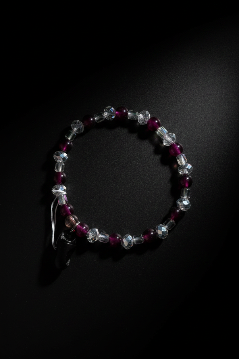 Plum & Crystal Beaded Phone Wristlet – dark background