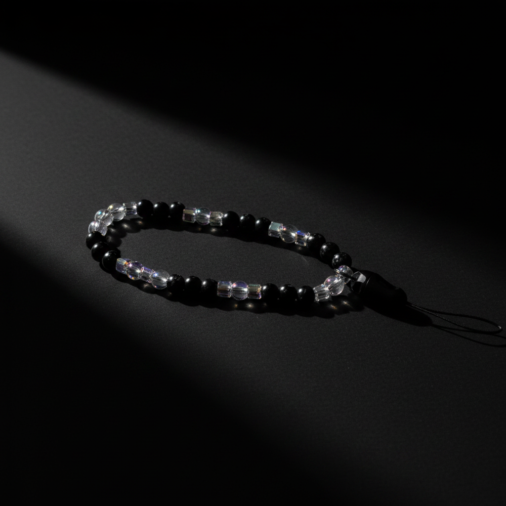 Black Ice Beaded Phone Wristlet dark moody flat lay