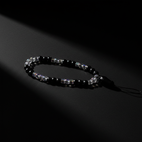 Black Ice Beaded Phone Wristlet dark moody flat lay