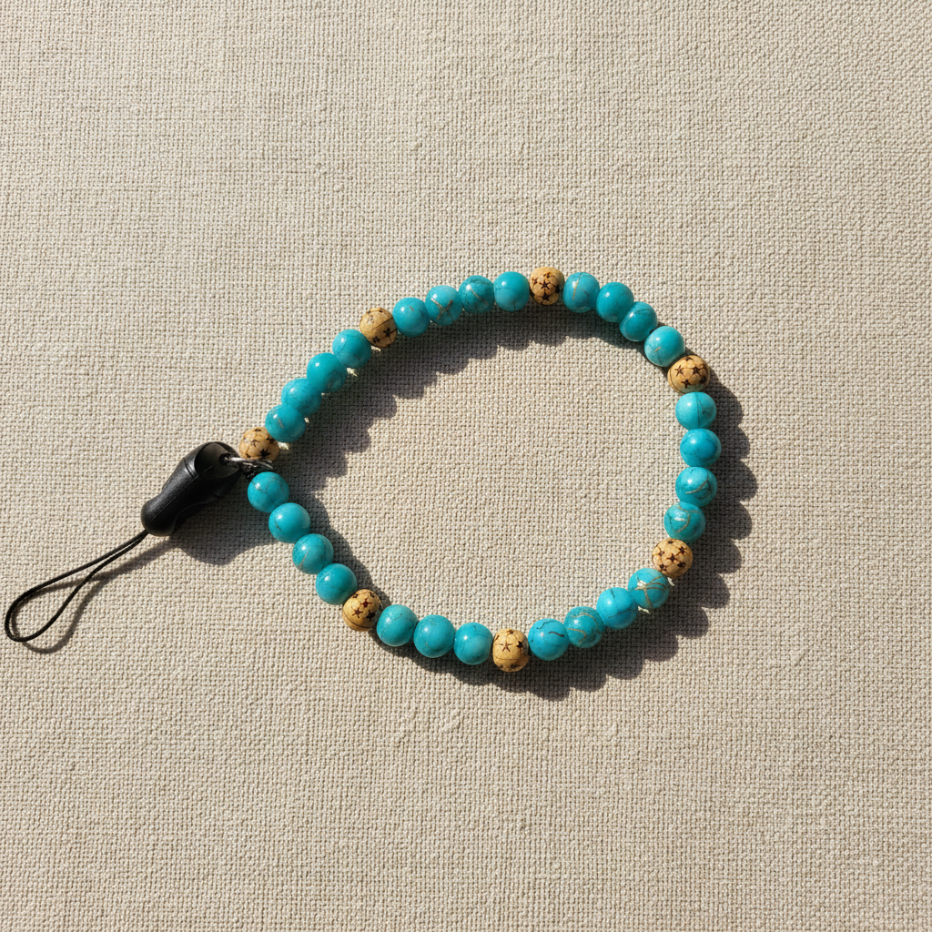 Turquoise Star Beaded Phone Wrist Strap - flat lay on linen