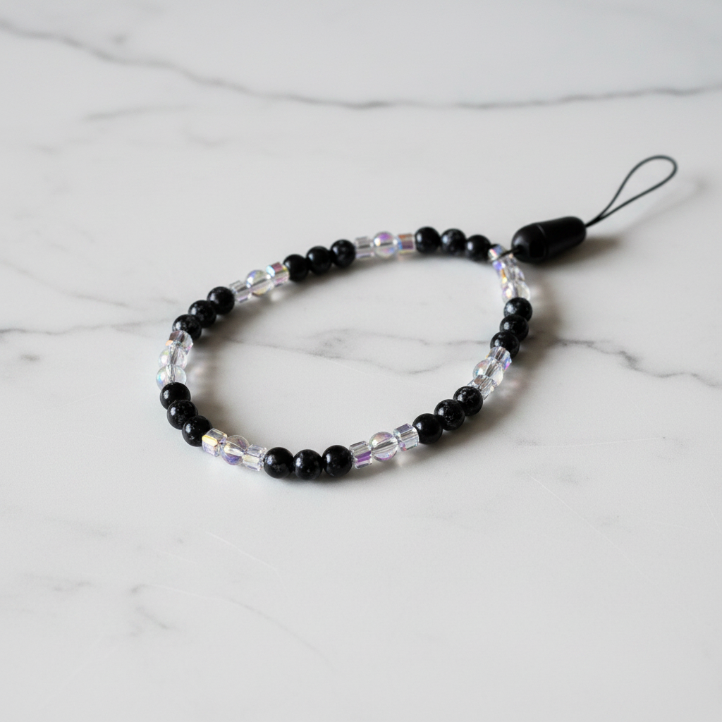 Black Ice Beaded Phone Wristlet white marble flat lay