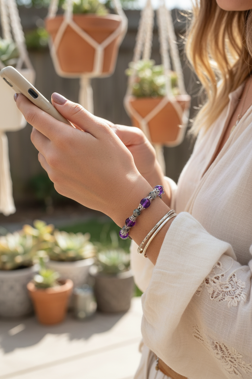 Purple Amethyst & Stone Beaded Wristlet – Lifestyle Shot