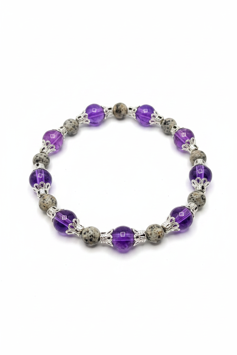 Purple Amethyst & Stone Beaded Wristlet – White Background