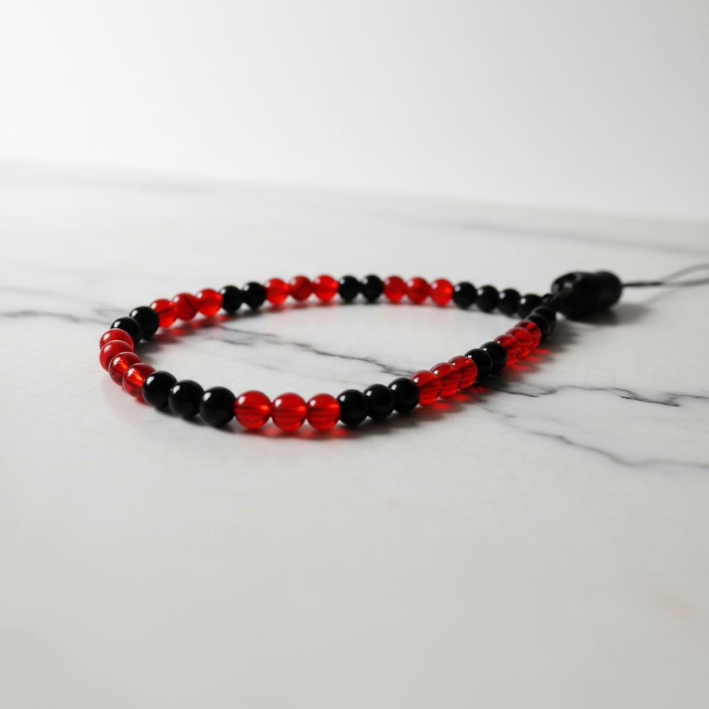 Red and black beaded phone wristlet on marble surface